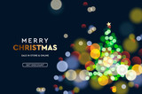 2020 New Year. Christmas tree sparkle blur bokeh effect horizontal background . Dark Xmas backdrop. Text Merry Christmas. Vector illustration for web banners invitation poster 