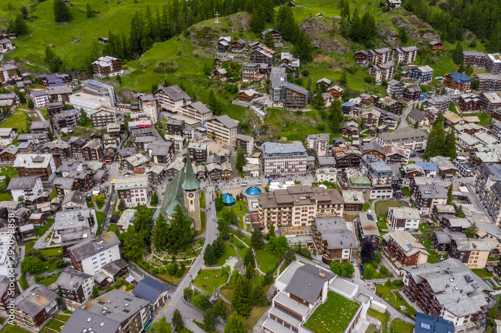 Aerial view of houses and villages in Zermatt valley, Switzerland Aerial view of houses and villages in Zermatt valley, Switzerland