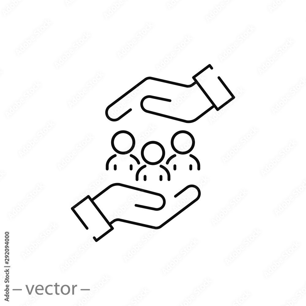protecting people icon, charity, concept safe people in hands, help to