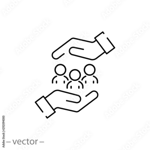 protecting people icon, charity, concept safe people in hands, help to community, love to family thin line symbol on white background - editable stroke vector illustration eps 10