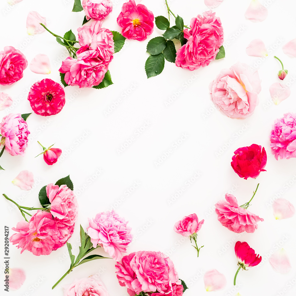 Floral frame made of pink roses isolated on white background. Flat lay, Top view. Flowers Floral frame made of pink roses isolated on white background. Flat lay, Top view. Flowers