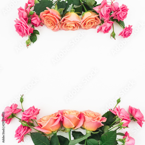 Wallpaper Mural Copy space with bouquet of pink roses flowers on white background. Flat lay, top view Torontodigital.ca
