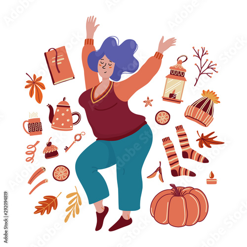 Pretty young chubby woman surrounded by autumn associated objects - socks, pumpkin, lantern, tea, book, leaves, fall celebration concept, flat cartoon vector illustration isolated on white background