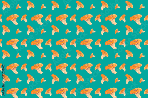 Seamless pattern with mushroom chanterelle painted with watercolor. Isolated on turquoise background. The element of autumn set