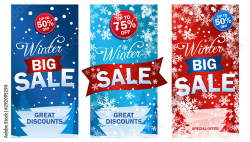 Set bright vertical Sale Roll up on the background of winter snow forest. Text - Winter big sale, great discounts. Up to 75 off. Snow vector illustration.