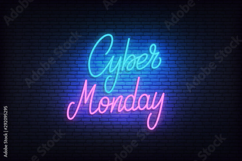 Cyber Monday neon. Glowing lettering sign for online sale discount promotion
