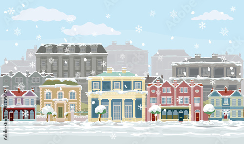 A Christmas street scene with victorian and georgian style houses, shops and other buildings in the snow. Seamlessly tilable so you van make longer images.