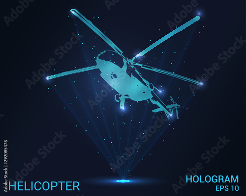 Hologram helicopter. A holographic projection of the helicopter. Flickering energy flux of particles. The scientific design of the aircraft.