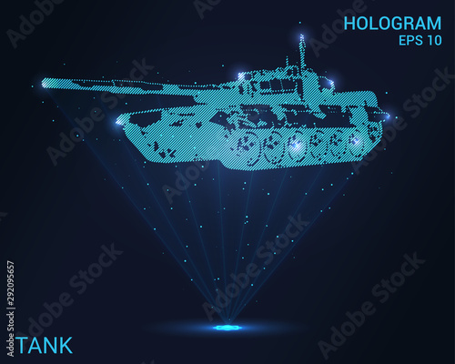 The hologram tank. Holographic projection tank. Flickering energy flux of particles. Scientific design army.