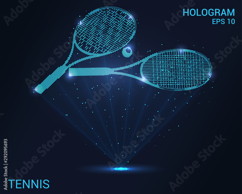 Hologram tennis. Holographic projection tennis racket and ball. Flickering energy flux of particles. The scientific design of the sport.