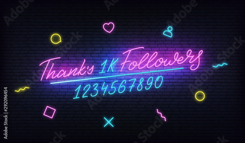 Followers neon Thank's. Social media template followers milestone. Congratulation card with numbers