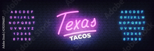 Tacos neon sign. Glowign lettering template Texas tacos