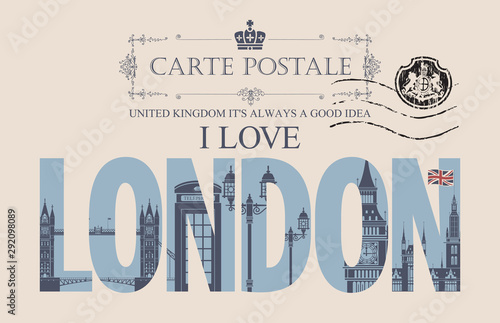 Retro postcard with words I love London and a postmark in form of coat of arms. Vintage vector card with the images of famous British architectural landmarks and symbols