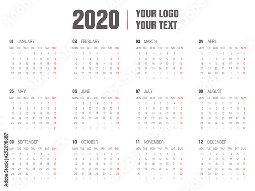 Print 2020 Calendar template.Yearly planner stationery universal, classic design horizontal