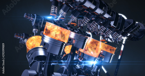 High Tech V8 Diesel Engine With Explosions. Pistons And Other Mechanical Parts - 3D Illustration Render