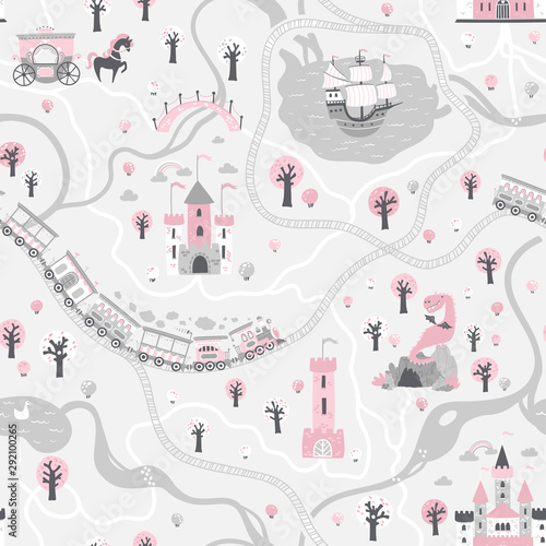 Seamless Pattern cards of the fairytale kingdom with a ship at sea, rivers, train and railroad, castles, towers, dragon cave, princess carriage. Illustration in children's cartoon Scandinavian style.