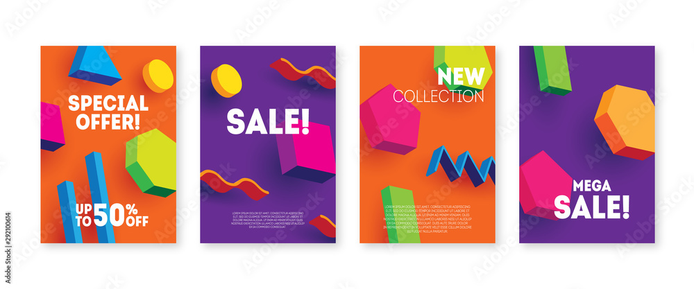 3d sale flyers set. Bright sale banners with geometric shapes