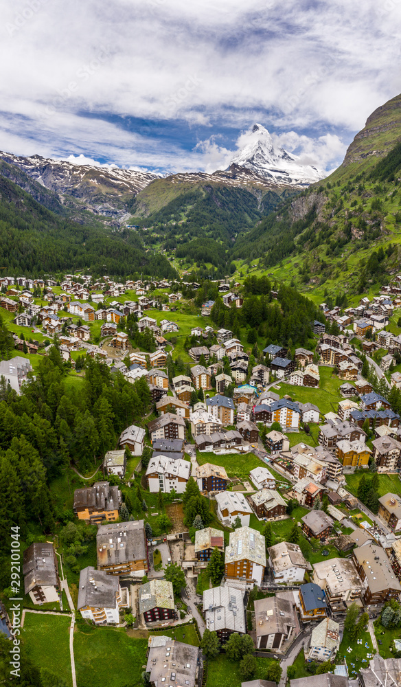 Beautiful vertical panorama of Zermatt Valley and Matterhorn Peak, Switzerland 