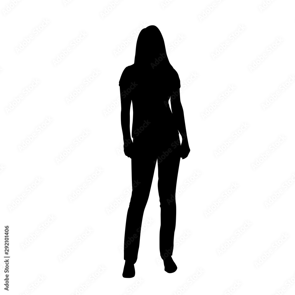 Woman standing, isolated vector silhouette, front view Woman standing, isolated vector silhouette, front view