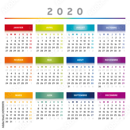 Calendrier 2020 - 4 Colonnes / 4 Trimestres - Couleurs Arc-en-ciel - Illustration - Français