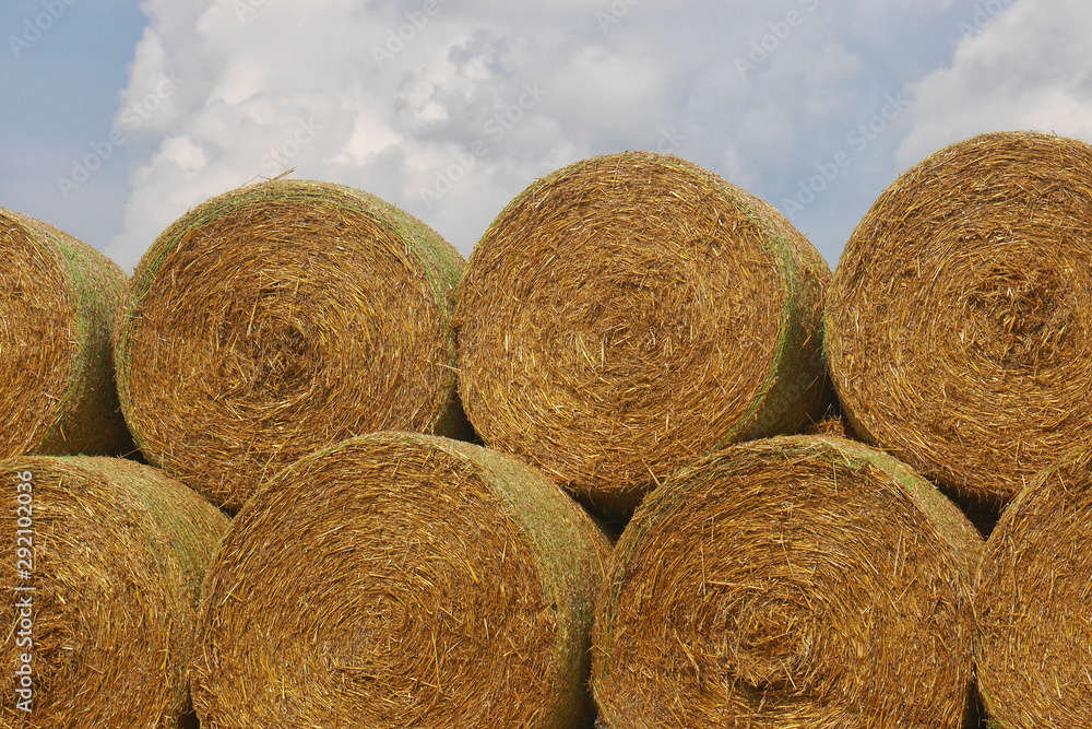 stack of straw bales - close up view of round straw bales stacked on top of each other, blue sky with white clouds stack of straw bales - close up view of round straw bales stacked on top of each other, blue sky with white clouds