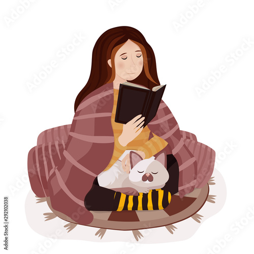 Young woman under a blanket reading book. Vector illustration. 