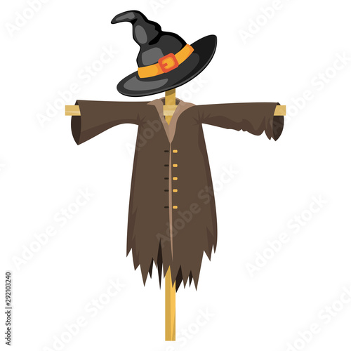 Halloween scarecrow in the black witch hat. Vector illustration