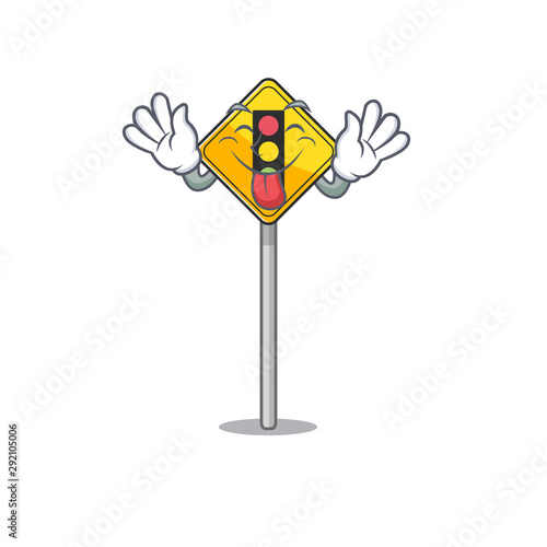 Tongue out traffic light ahead on roadside characters