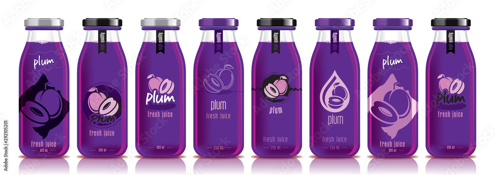 Vector plum juice, glass fruit bottle set Vector plum juice, glass fruit bottle set