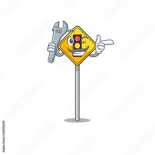 Mechanic traffic light ahead on roadside characters