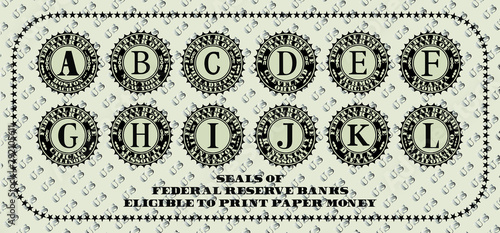 Seals of the Federal Reserve Banks eligible to print paper money