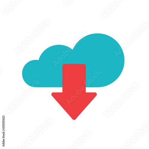 Cloud download icon vector, flat cartoon blue cloud with downloading or subscription red arrow technology symbol, data storage or system tech sign image