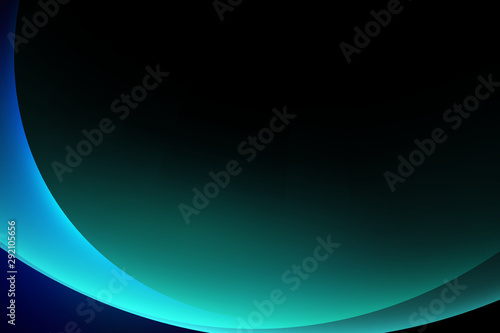 Abstract light blue green curve graphic on dark background, copy space composition.