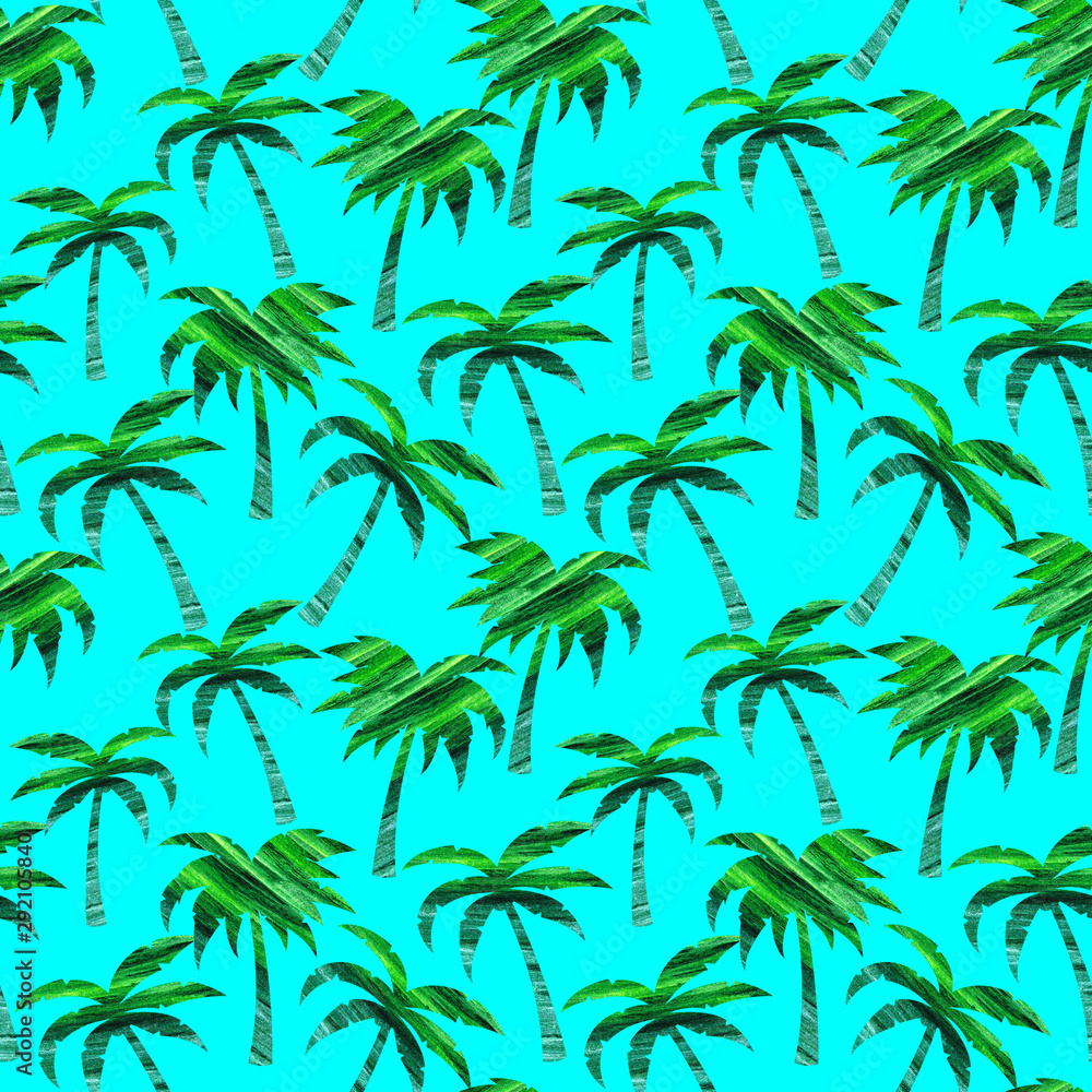 green textured palm trees drawn on a light blue background