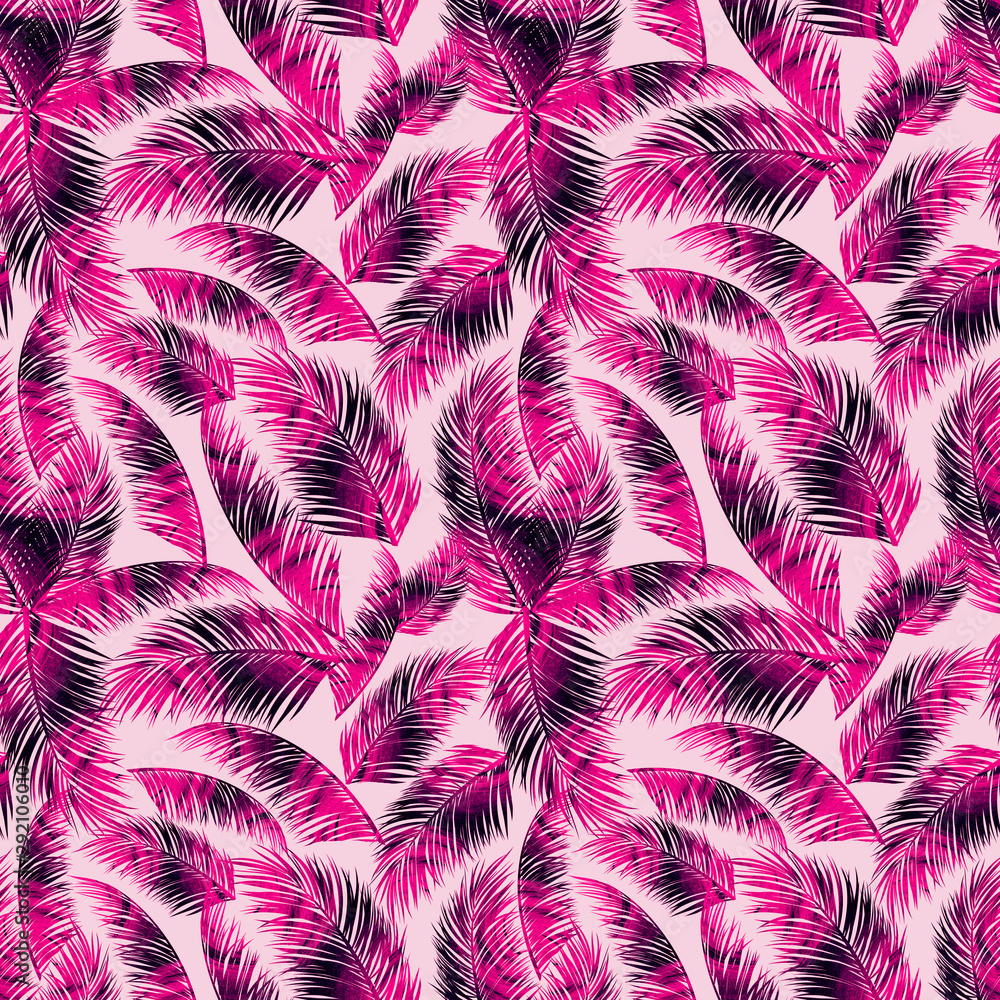 Watercolor textured tropical leaves of violet colors drawn on a pink background