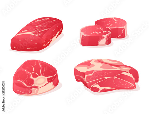 Meat fresh steaks cartoon set. Assortment of meat slices of dish. Fresh steaks, cuts from the thigh, abdomen, as well as boneless fillet. Vector illustration.