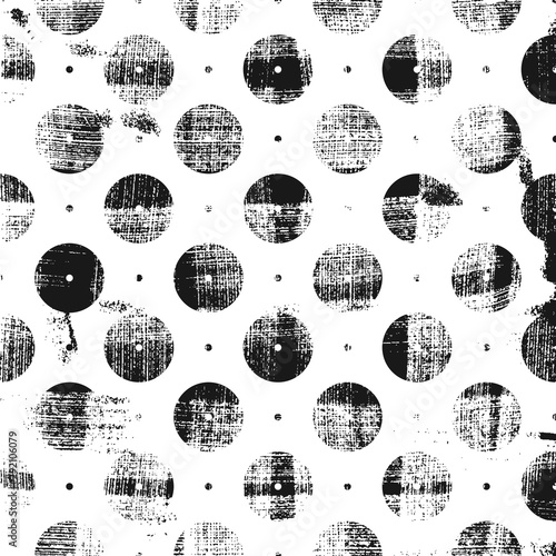 Grunge texture pattern with disks. White monochrome square backdrop.