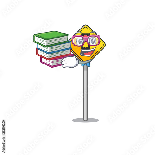 Student with book traffic light ahead on roadside characters