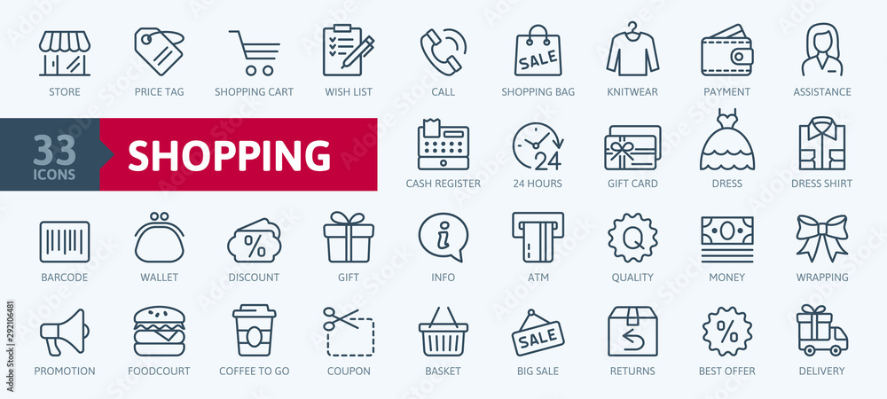 Fototapeta Shopping malls, retail - outline web icon collection, vector, thin line icons collection