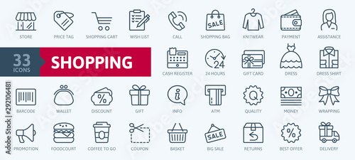 Shopping malls, retail - outline web icon collection, vector, thin line icons collection