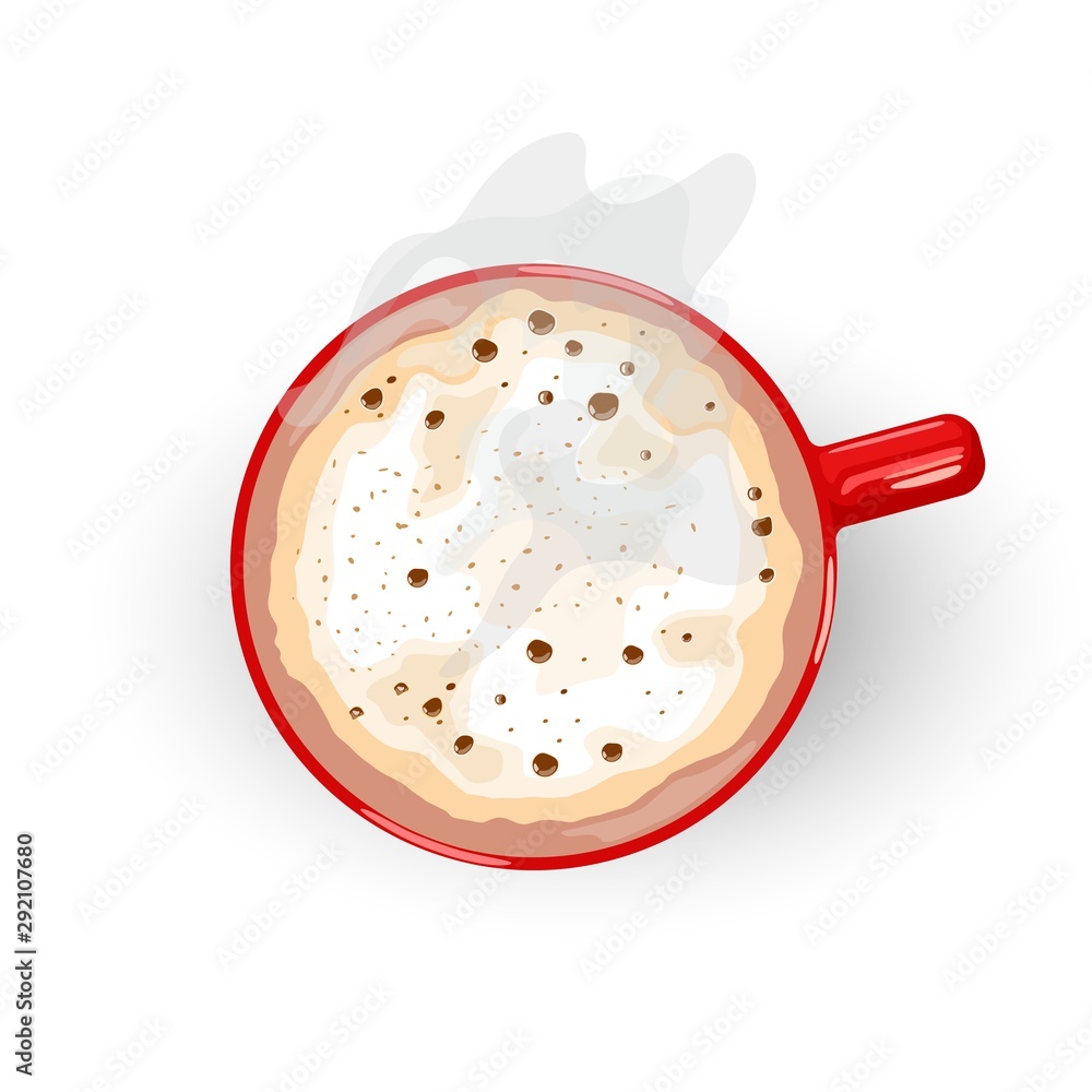 Tasty hot drink with foam and smoke spreading from red porcelain cup. Latte, Cappuccino, Flat White, Macchiato, Mochaccino, Irish or Vienna coffee. Vector cartoon icon isolated on white. Top view. Tasty hot drink with foam and smoke spreading from red porcelain cup. Latte, Cappuccino, Flat White, Macchiato, Mochaccino, Irish or Vienna coffee. Vector cartoon icon isolated on white. Top view.