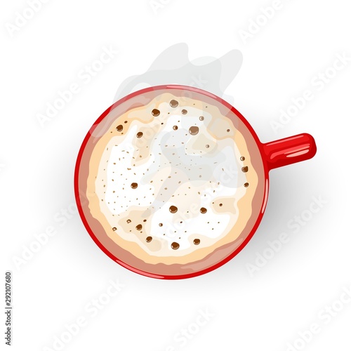 Tasty hot drink with foam and smoke spreading from red porcelain cup. Latte, Cappuccino, Flat White, Macchiato, Mochaccino, Irish or Vienna coffee. Vector cartoon icon isolated on white. Top view.