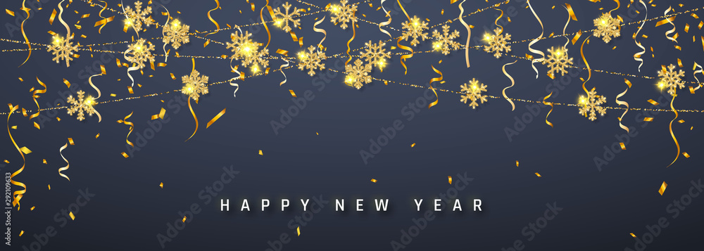 Fototapeta premium New Year shining glitter glowing golden snowflake decoration garland on dark background. Hanging glitter snowflake. Vector illustration