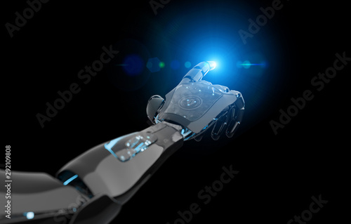 Black and blue intelligent robot cyborg arm pointing finger on dark 3D rendering