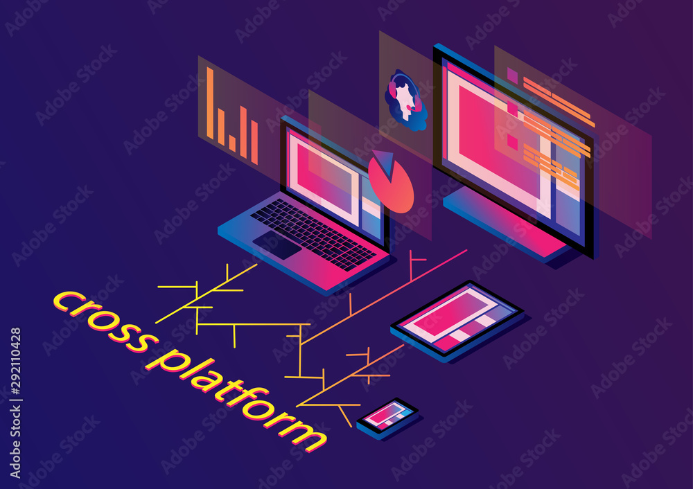 Cross-platform isometric web content. Smartphone, tablet, laptop and desktop computer with text and interface windows. Multi-platform content.