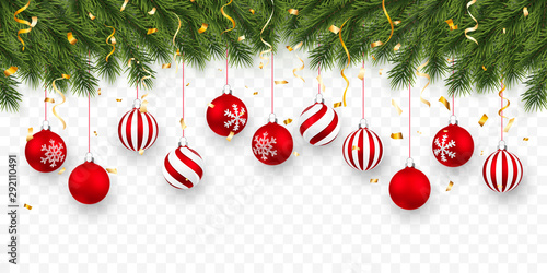 Festive Christmas or New Year Background. Christmas fir-tree branches with confetti and xmas red balls. Holiday's Background. Vector illustration