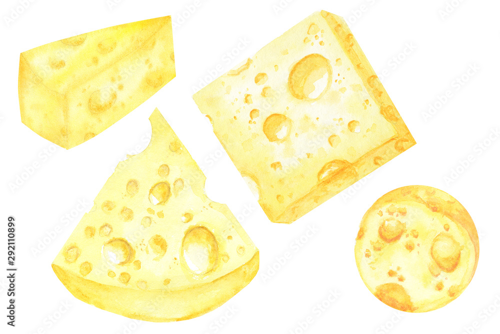 Watercolor drawing piece of triangular-shaped cheese yellow in color is mouse favorite food. Cheese Christmas tree set. Illustration on white background