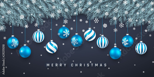 Festive Christmas or New Year Background. Christmas fir-tree branches with confetti and xmas blue balls. Holiday's Background. Vector illustration