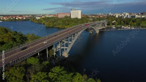 Aerial view of cyclists crossing bridge Vasterbron, Stockholm, Sweden. photo
