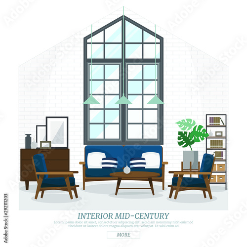 Interior flat design with copy space, mid-century modern living room in blue tone, cozy gable ceiling 
